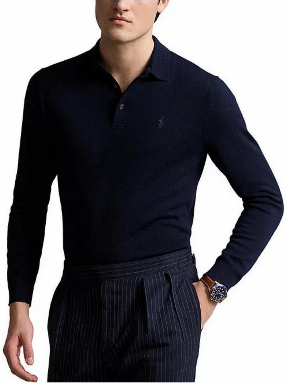 Polo-Style Long Sleeve wool Shirt - Navy